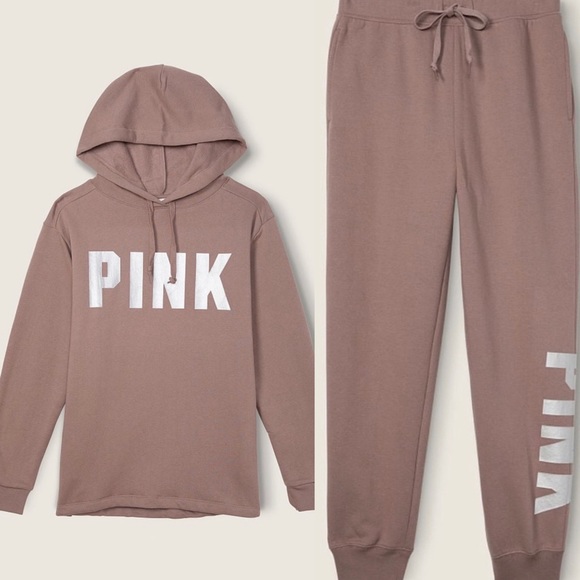 Victoria’s Secret Pink 2-Piece SET Iced Coffee Relaxed Joggers & Pullover Hoodie - Picture 3 of 12